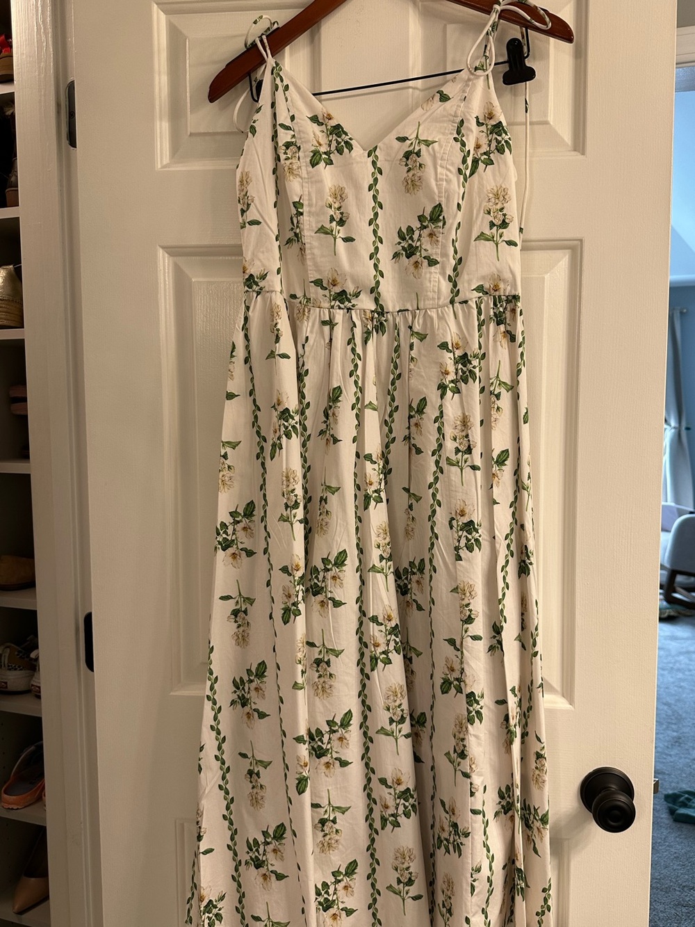 H&M White Floral Spaghetti-Strap Maxi Dress with Green Leaf Print